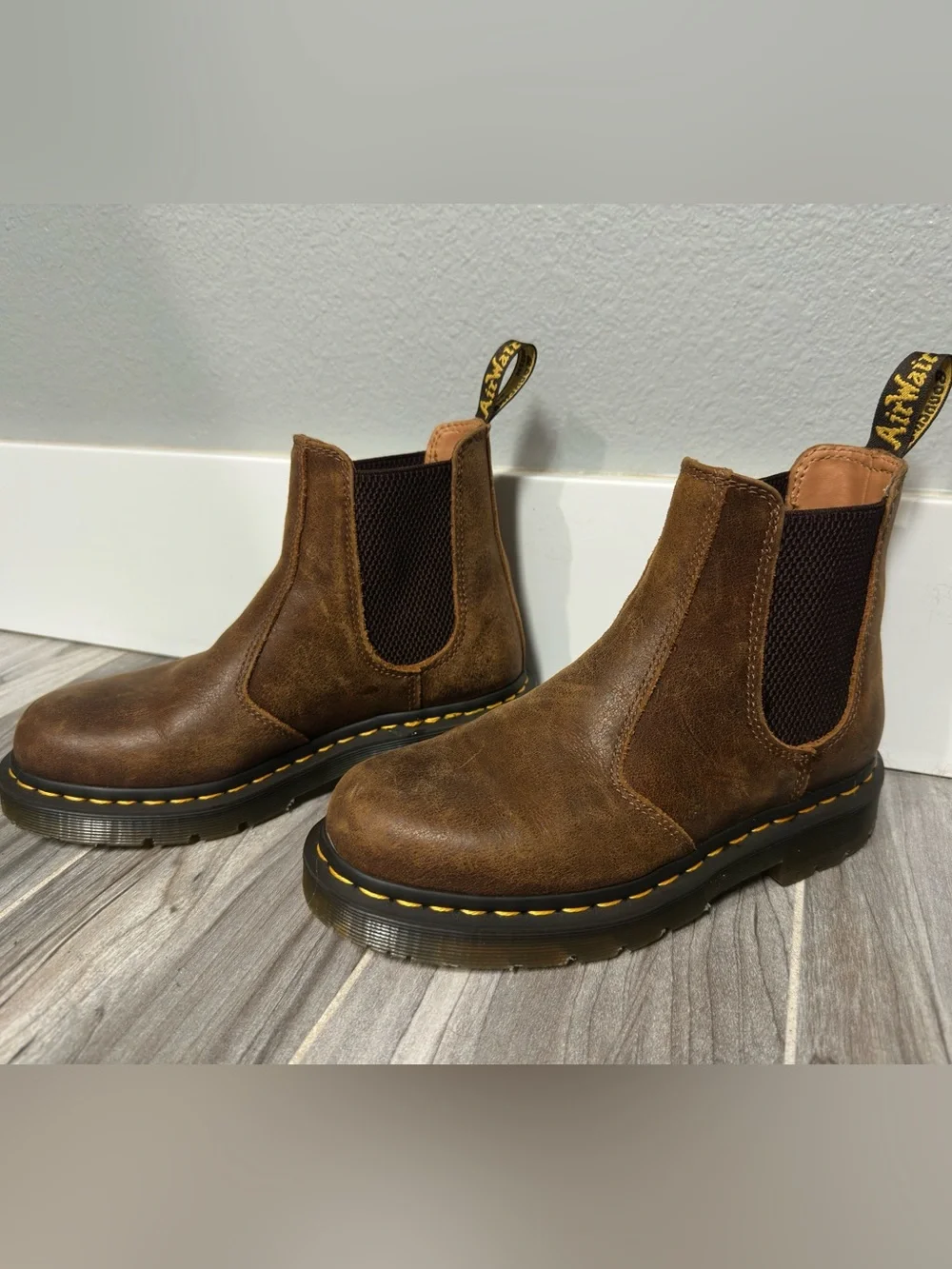 Dr. Martens Brown Leather Chelsea Ankle Boots with Yellow Stitching